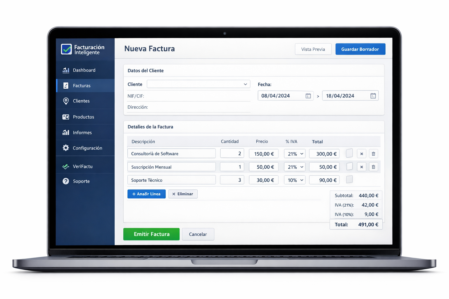 Plataforma de facturación inteligente - Vista principal del dashboard